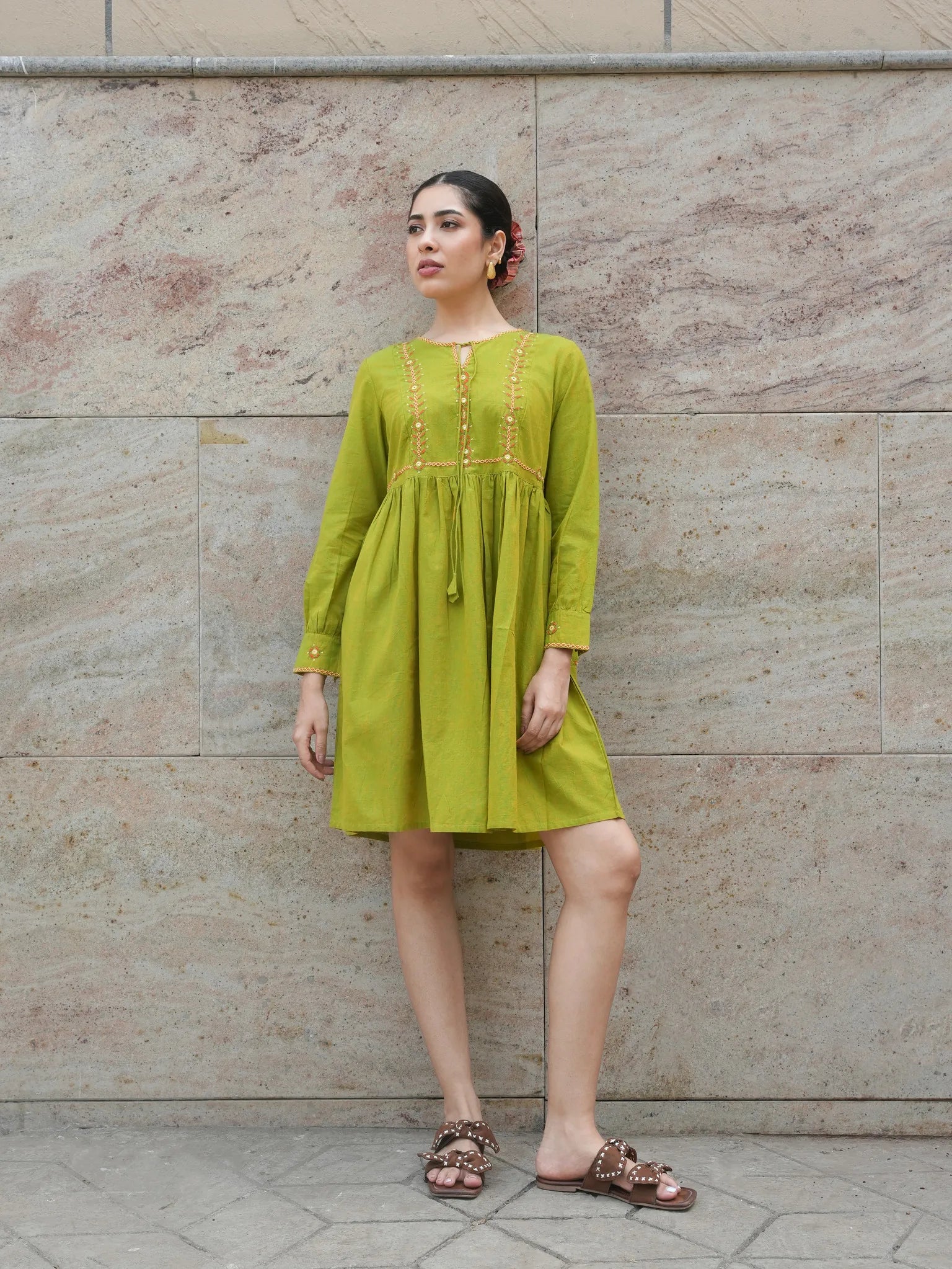 Green Mangalgiri Cotton Knee-Length Tunic Dress with Mirror Hand Embro – R.A Studio