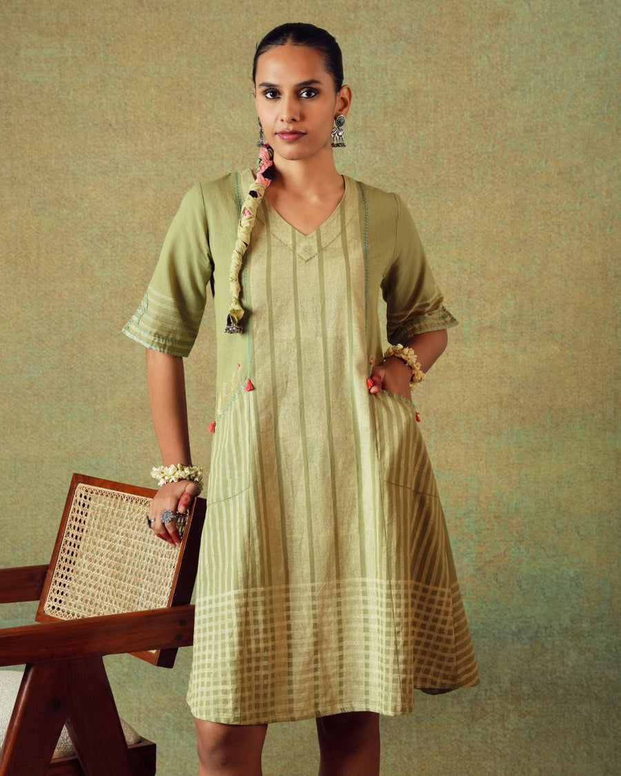 Green block-printed princess-line dress styled with flats for the R.A Bollywood Dress-Up
