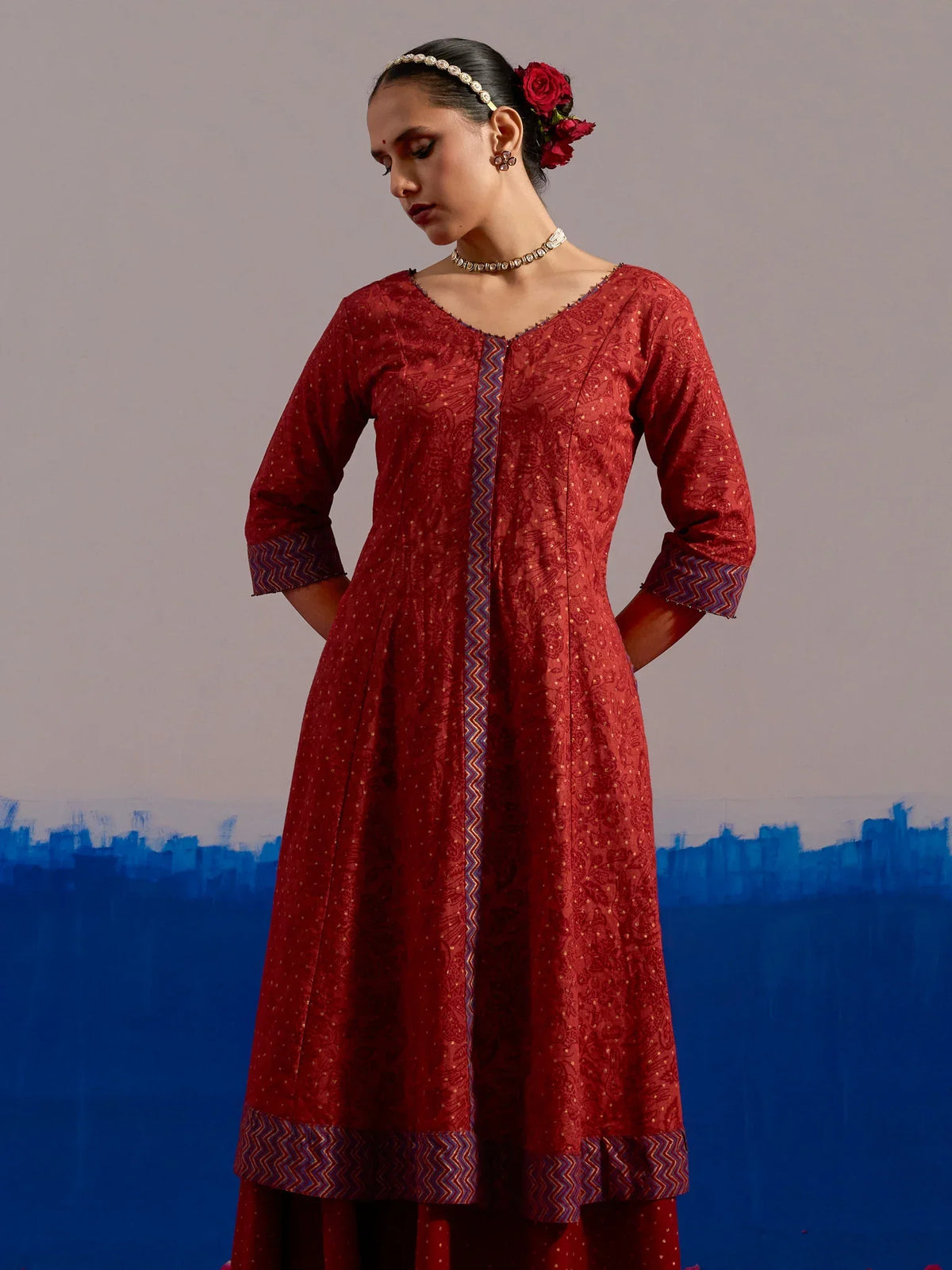R.A Studio maroon Chintz block-print flared dress from the festive gift edit