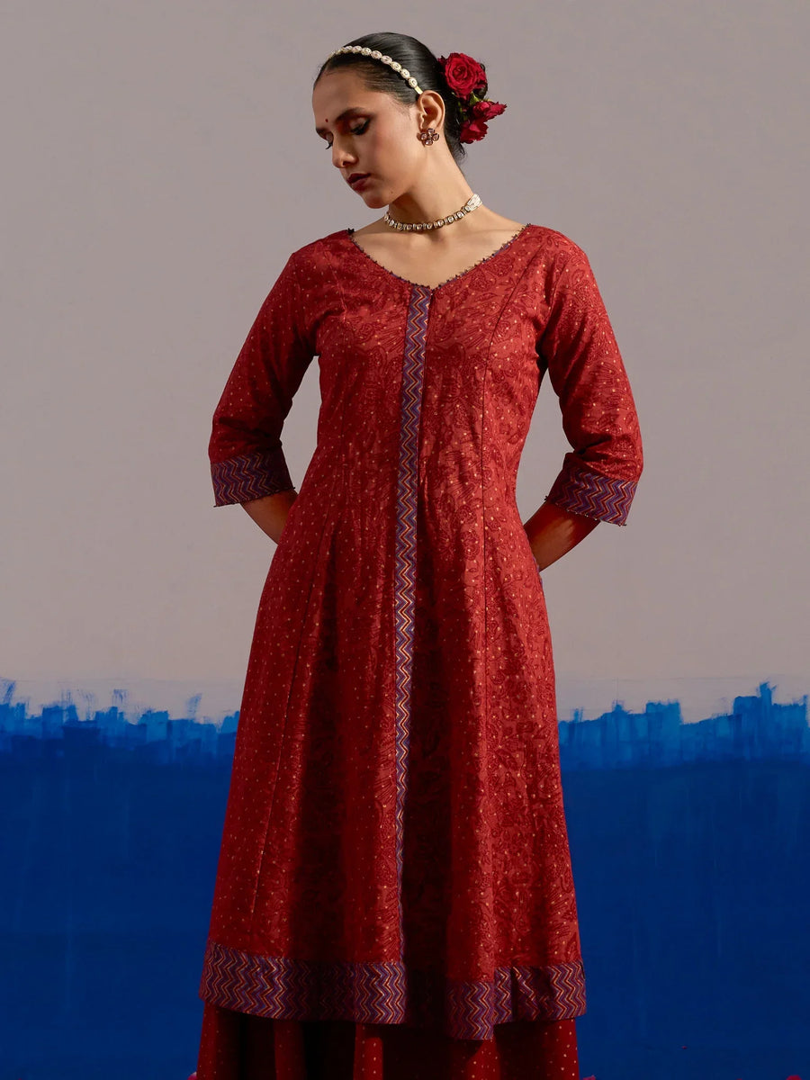 R.A Studio maroon Chintz block-print flared dress from the festive gift edit