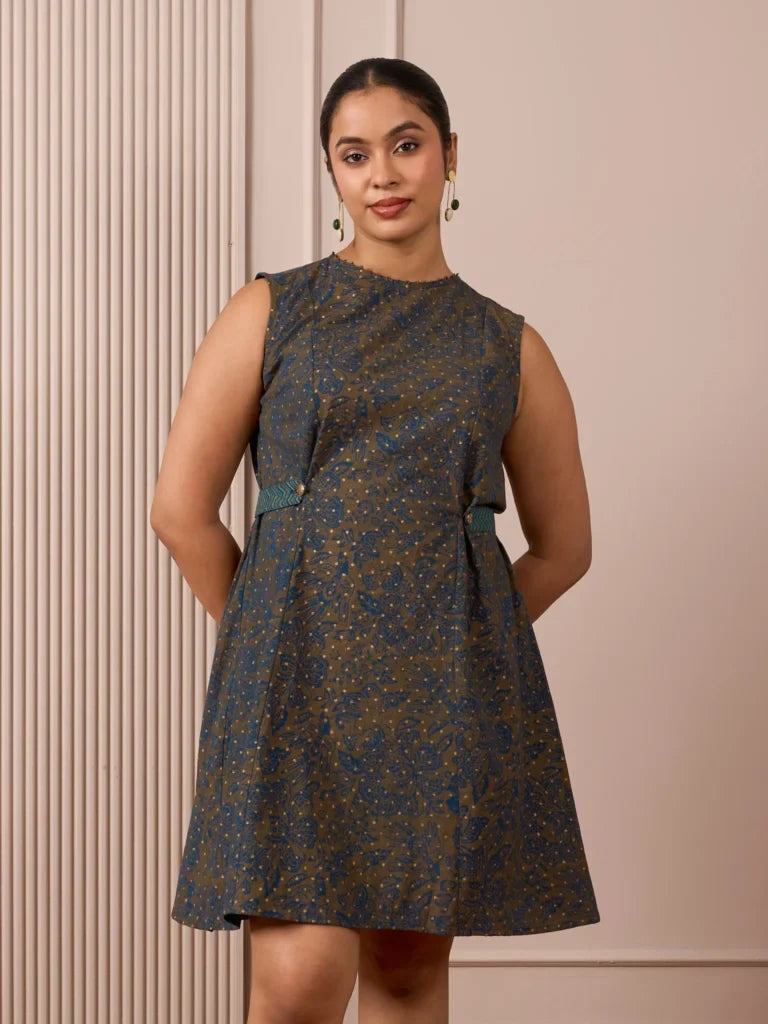 Front view of R.A Studio’s Blue Chintz Princess Line Dress with blue-and-gold block printing