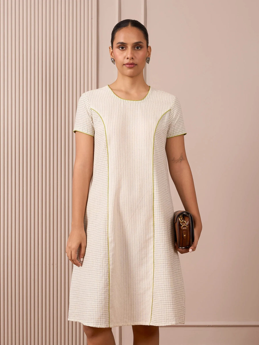 Black-and-white handloom check-and-stripe dress styled for the R.A Studio Classic Lookbook