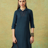 Collared Blue Dress with Details Straight Cut