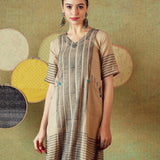 Beige Block Print Dress Princess Line Cut with Stripes & Hand-Embroidered Pocket