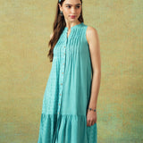 Sleeveless A-line Shirt Dress Blue Moth and Stripe Print..