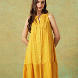 Sleeveless A-line Shirt Dress Yellow Moth and Stripe Print
