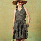 Dress Halter Neck Crinkled Jaipur Block Print Jaal Print Black