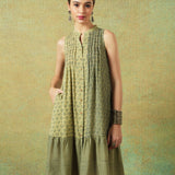 Sleeveless A-line Shirt Dress Green Moth and Stripe Print