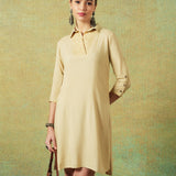 Collared Beige Dress with Details Straight Cut