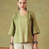Green Block Printed Tunic Princess Line Cut with Embroidered Pocket