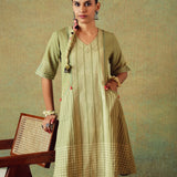 Green Block Printed Dress Princess Line Cut with Stripes & Hand-Embroidered Pocket