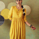 Yellow Flared Empire Line Dress with Yellow Stripe and Moth Block Print