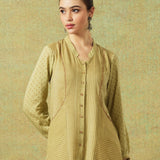 Block Printed Shirt with Pockets Green Stripe and Dot