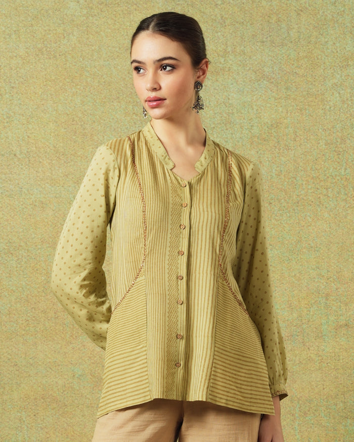 Women’s green striped cotton shirt with dots