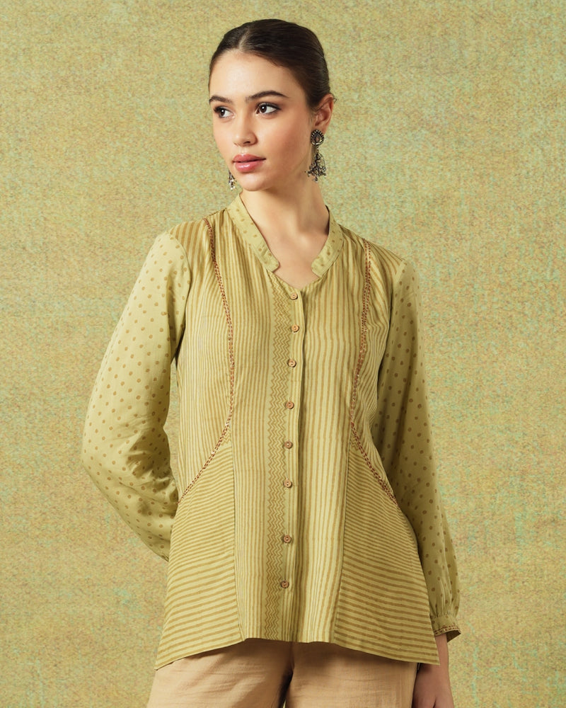 Women’s green striped cotton shirt with dots