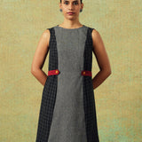 Sleeveless black and grey panel A-line dress with red belt detailing – RA Studio