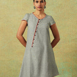 Short-sleeved grey A-line dress with subtle black and white accents – RA Studio