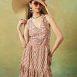 Pink crinkled Jaipur block print halter neck dress with Jaal pattern – RA Studio