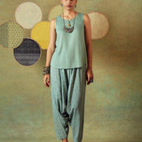 Sage green Turkish pants with stripe and moth block print