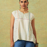 Creamy white flared top with hand embroidery, checks and thin stripes – RA Studio
