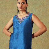 Blue sleeveless Dupion silk top with hand embroidery – RA Studio