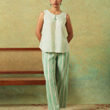 Flared Bottom Pants Green Wide Stripes