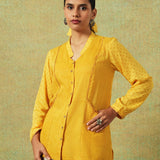 Yellow striped and dotted block-printed shirt with Chinese collar and pockets