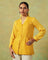 Yellow striped and dotted block-printed shirt with Chinese collar and pockets