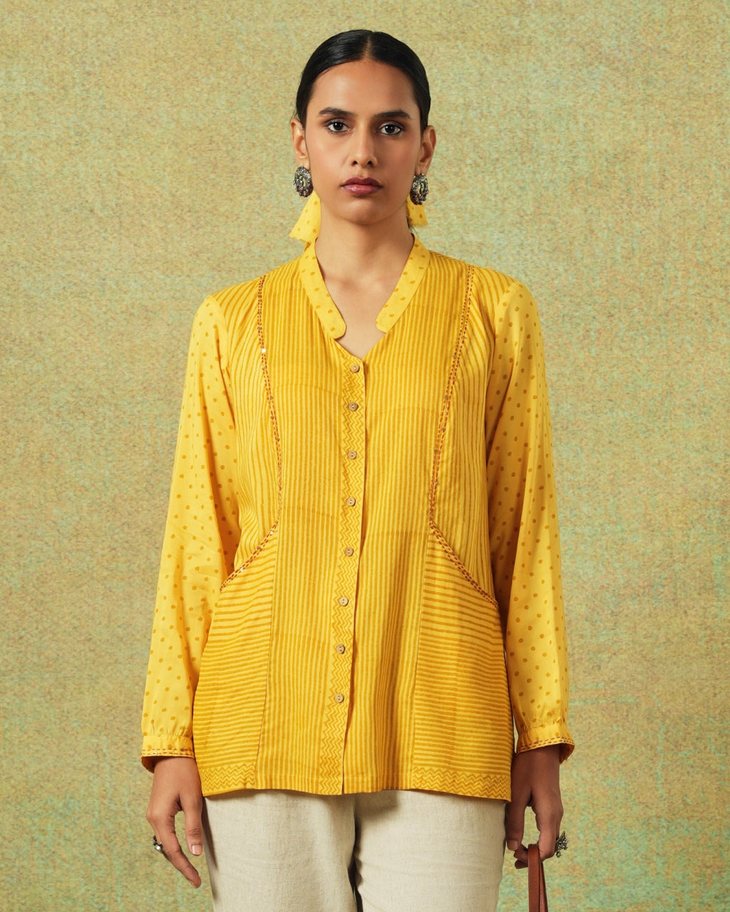 Yellow block printed shirt with stripes, dots, Chinese collar, pleating and pockets – RA Studio