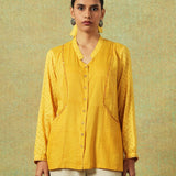 Yellow block printed shirt with stripes, dots, Chinese collar, pleating and pockets – RA Studio