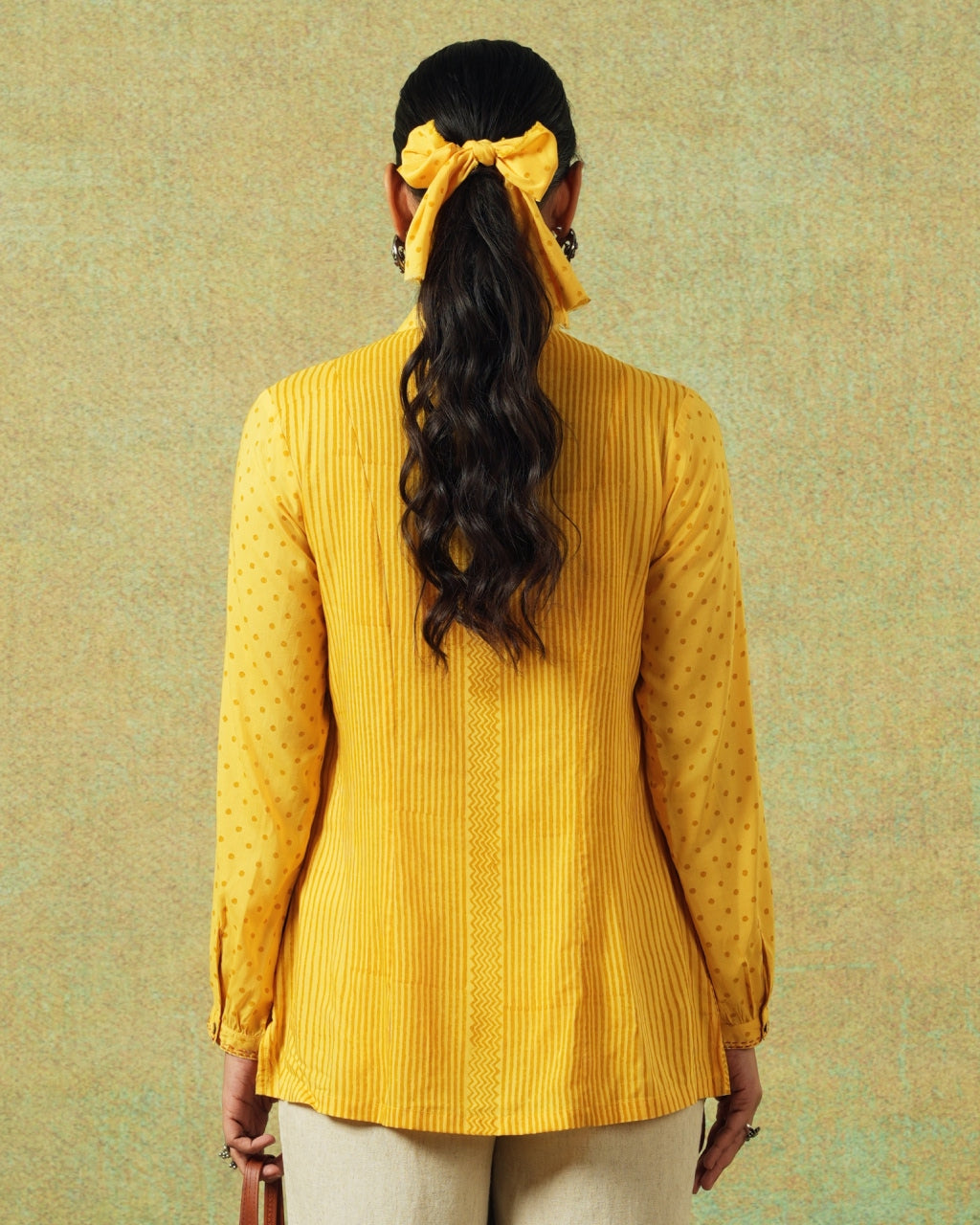 Back view of yellow block printed shirt with Chinese collar and hand-embroidered stripes and dots – RA Studio