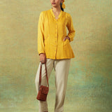 Yellow block-printed shirt with stripes, dots, Chinese collar, pleating and pockets – RA Studio