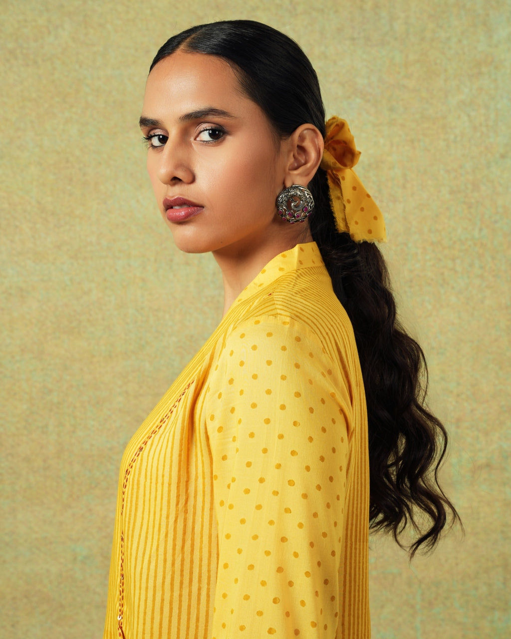Side close up of Yellow block printed shirt with stripes, dots, Chinese collar, pleating and pockets – RA Studio