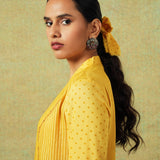 Side close up of Yellow block printed shirt with stripes, dots, Chinese collar, pleating and pockets – RA Studio