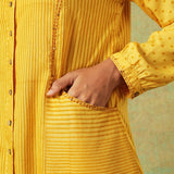 Yellow block printed shirt with stripes, dots, Chinese collar, pleating and pockets – RA Studio