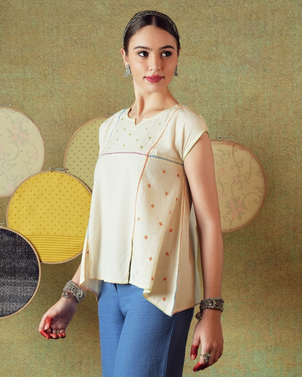 Hand Embroidery Flared Top Stripes Creamy White