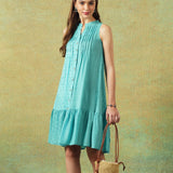 Sleeveless A-line Shirt Dress Blue Moth and Stripe Print..