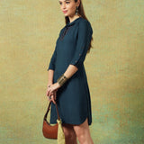 Collared Blue Dress with Details Straight Cut