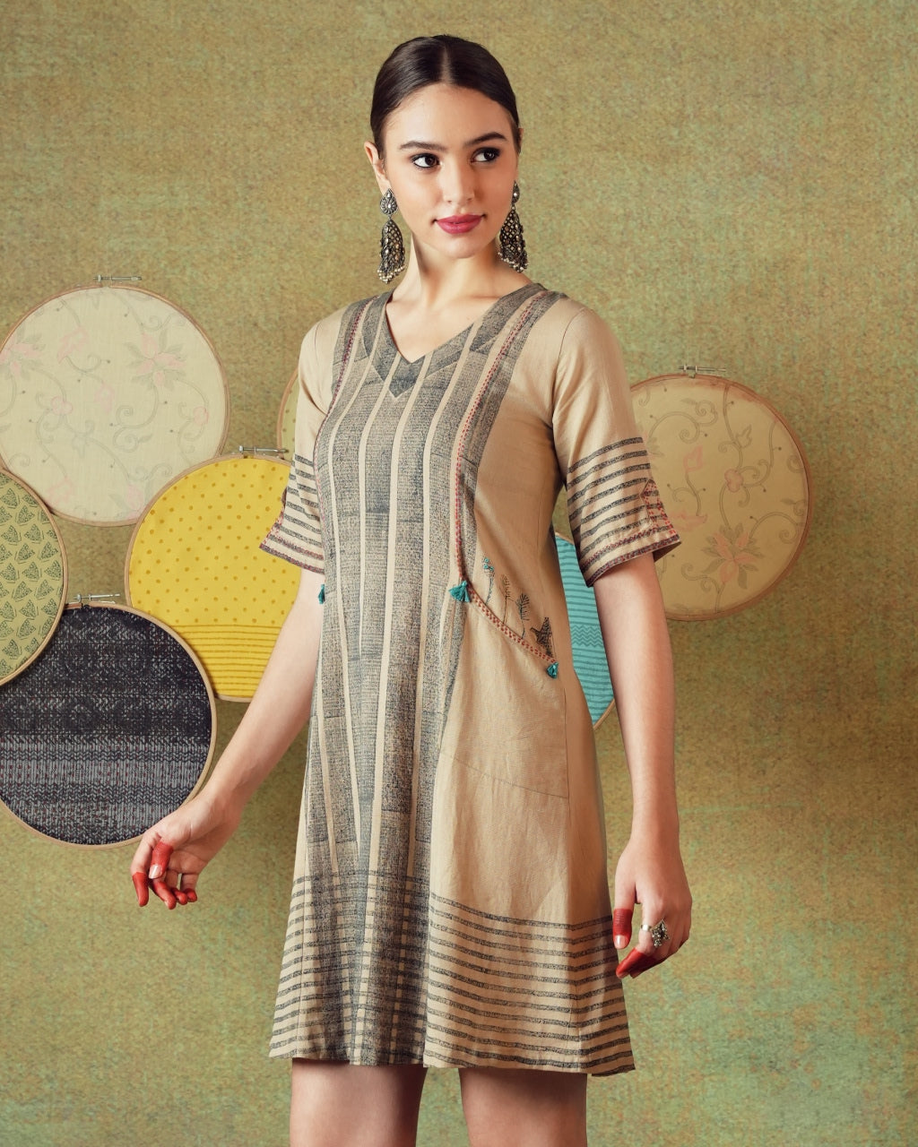 Beige Block Print Dress Princess Line Cut with Stripes & Hand-Embroidered Pocket