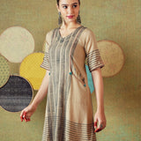 Beige Block Print Dress Princess Line Cut with Stripes & Hand-Embroidered Pocket