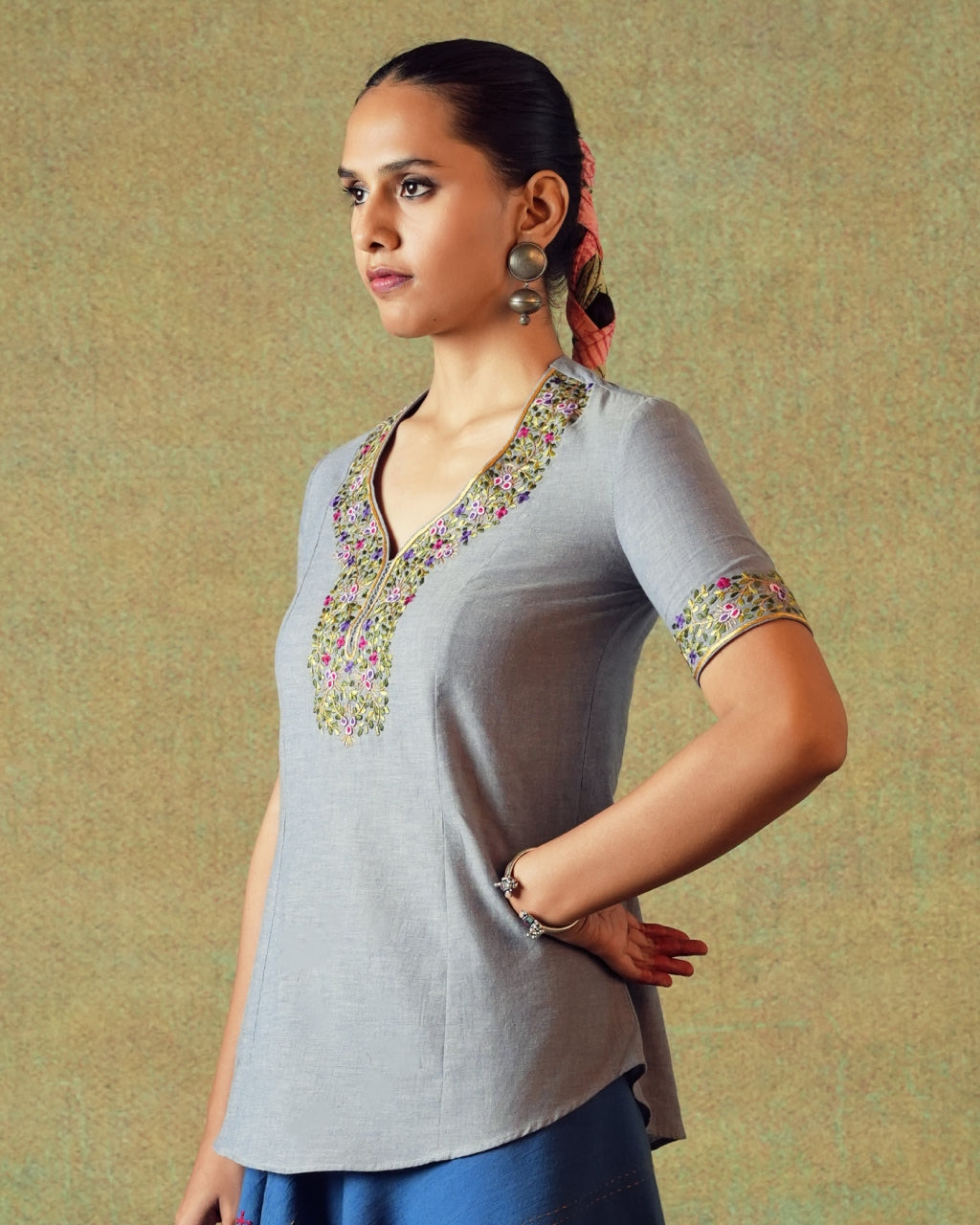 Hand Embroidery Tunic Princess Cut Grey