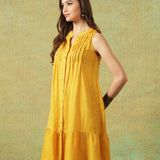 Sleeveless A-line Shirt Dress Yellow Moth and Stripe Print