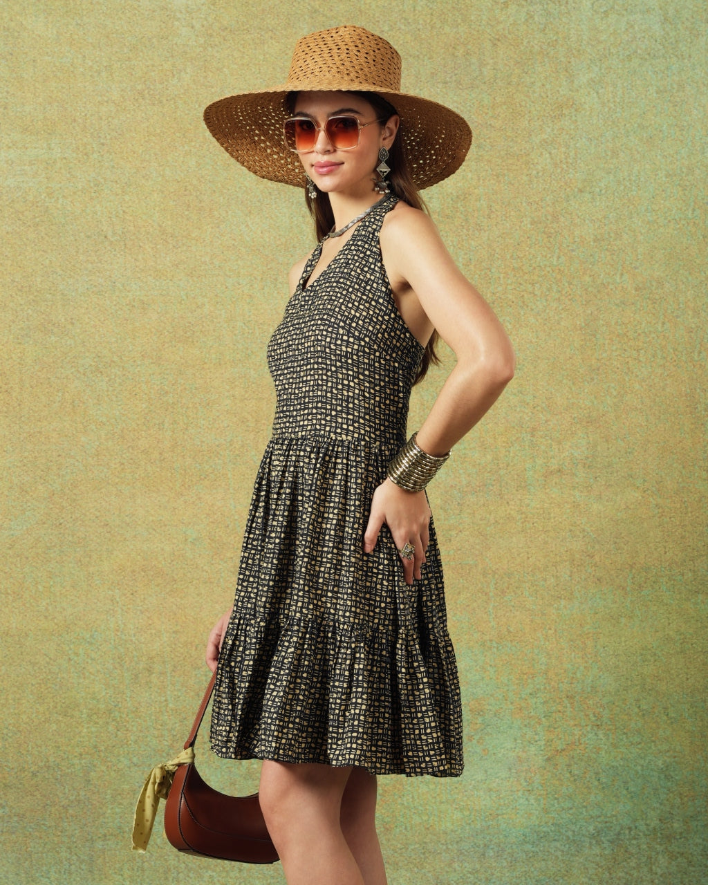 Dress Halter Neck Crinkled Jaipur Block Print Jaal Print Black