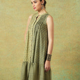 Sleeveless A-line Shirt Dress Green Moth and Stripe Print