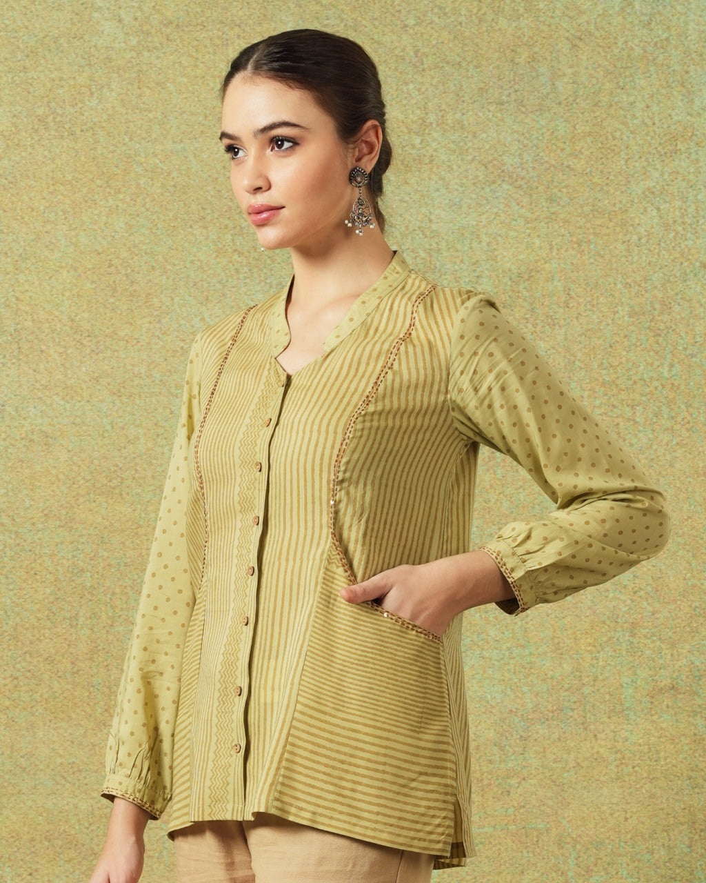 Block Printed Shirt with Pockets Green Stripe and Dot