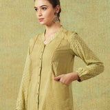 Block Printed Shirt with Pockets Green Stripe and Dot