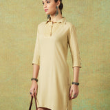 Collared Beige Dress with Details Straight Cut