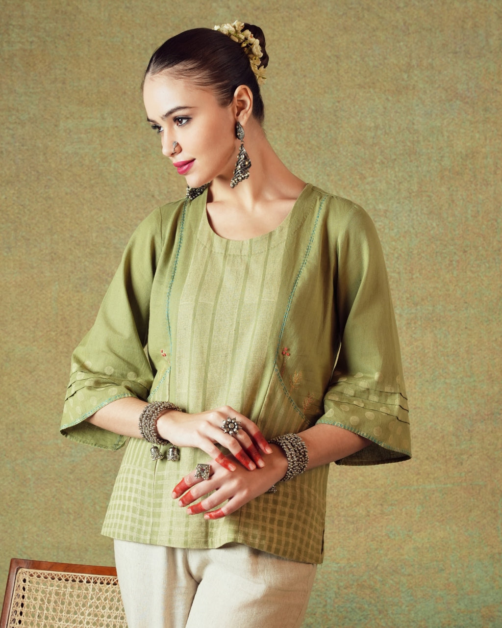 Green Block Printed Tunic Princess Line Cut with Embroidered Pocket