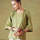 Green Block Printed Tunic Princess Line Cut with Embroidered Pocket