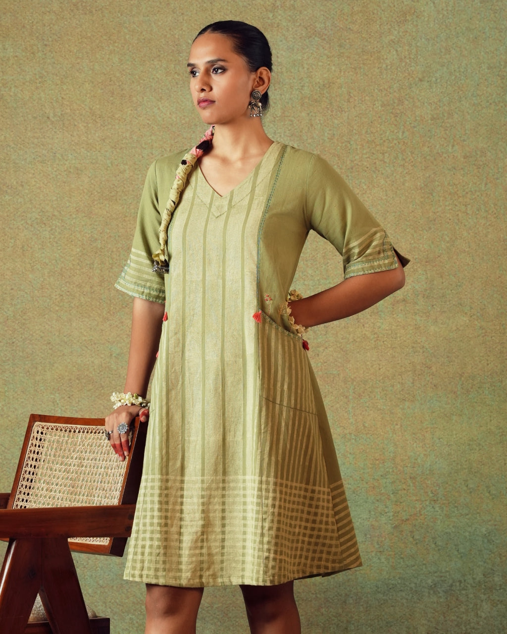 Green Block Printed Dress Princess Line Cut with Stripes & Hand-Embroidered Pocket